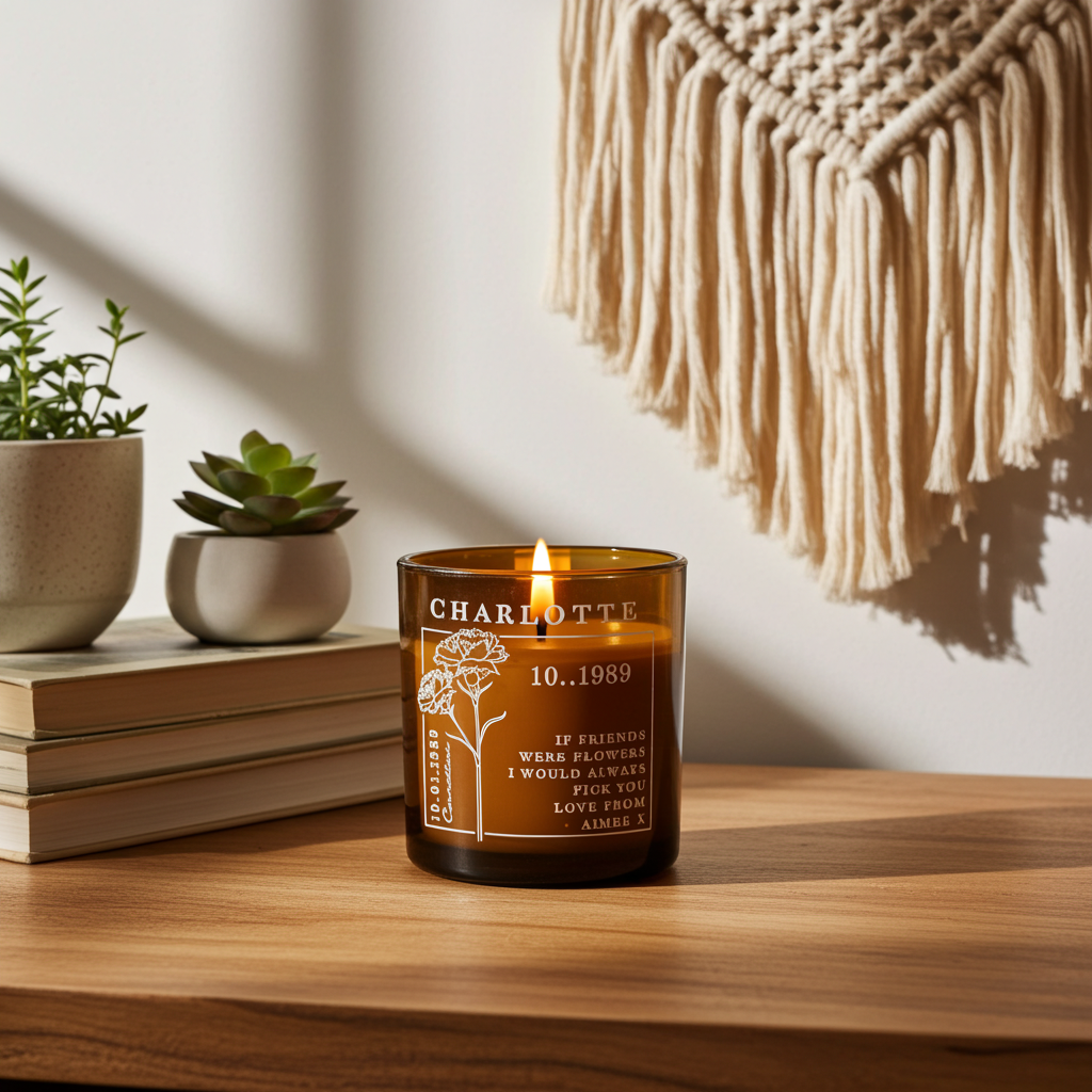 Personalised Birth Flower Candle in Amber Glass Jar | Handmade | A personal gift