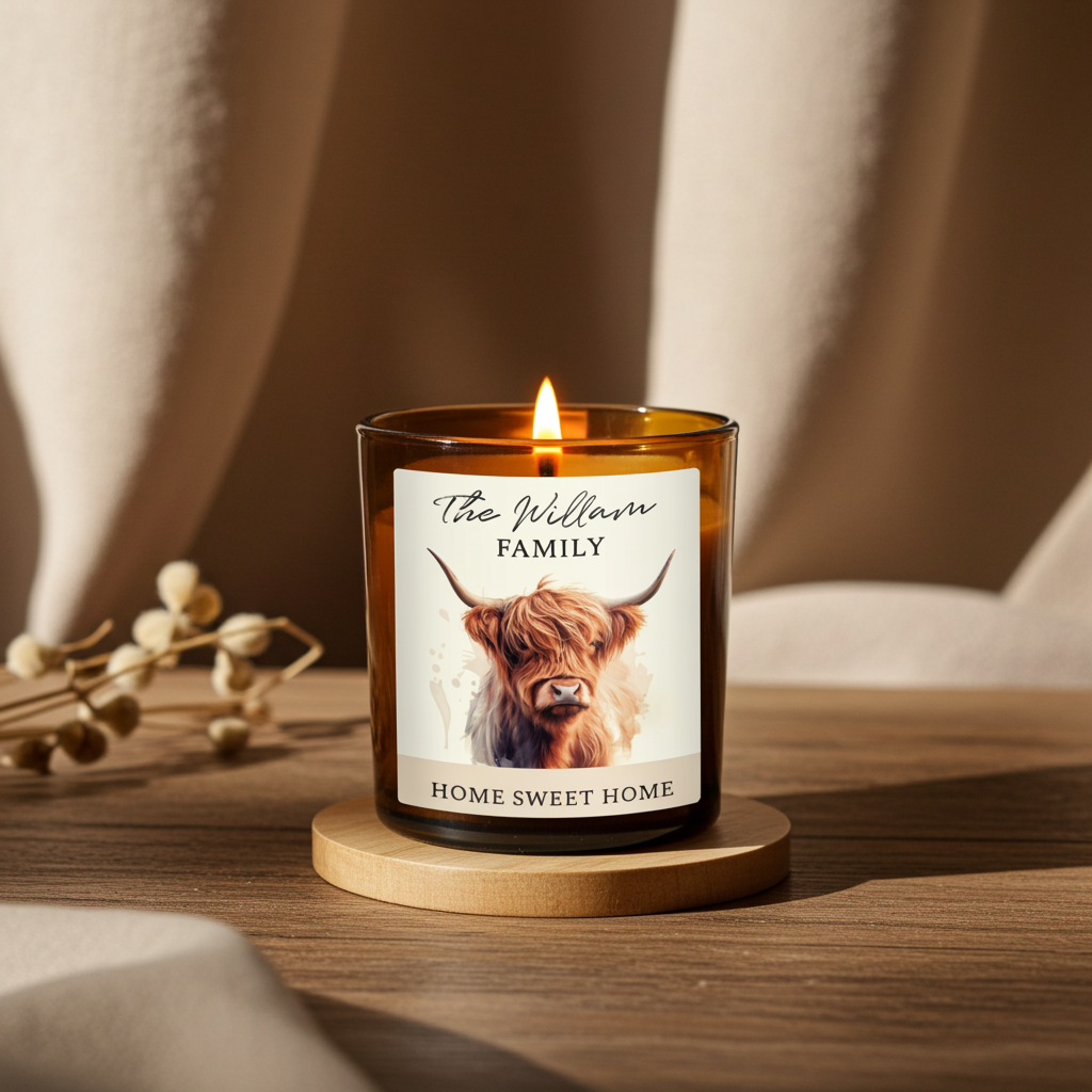 Personalised Highland Cow Amber Glass Vanilla Candle Jar | Custom Message Gift for Any Occasion - Artfully Curated Creations and identify whats in the image