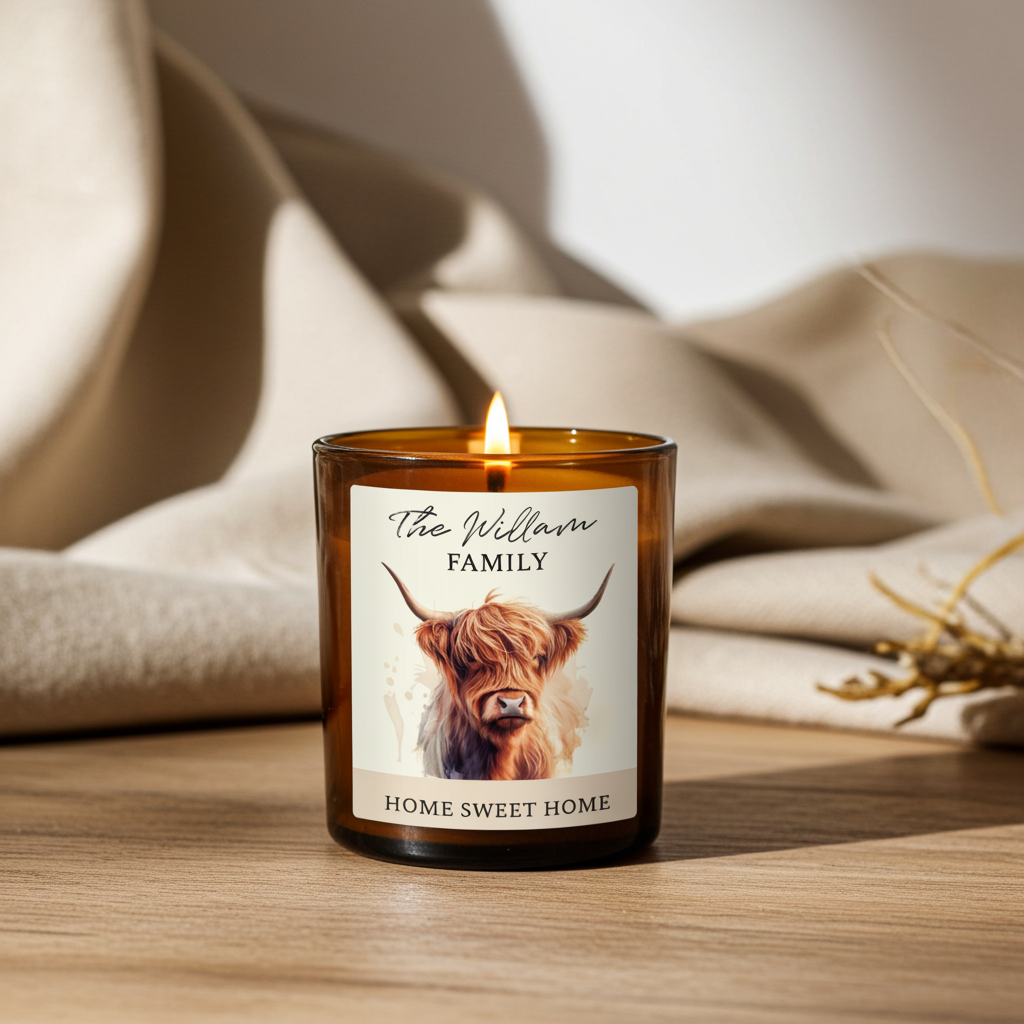 Personalised Highland Cow Amber Glass Vanilla Candle Jar | Custom Message Gift for Any Occasion - Artfully Curated Creations and identify whats in the image