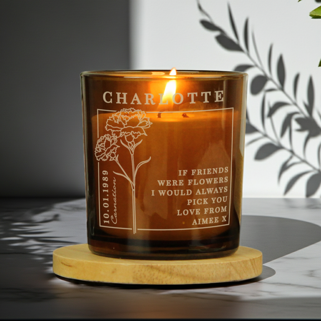 Personalised Birth Flower Candle in Amber Glass Jar | Handmade | A personal gift