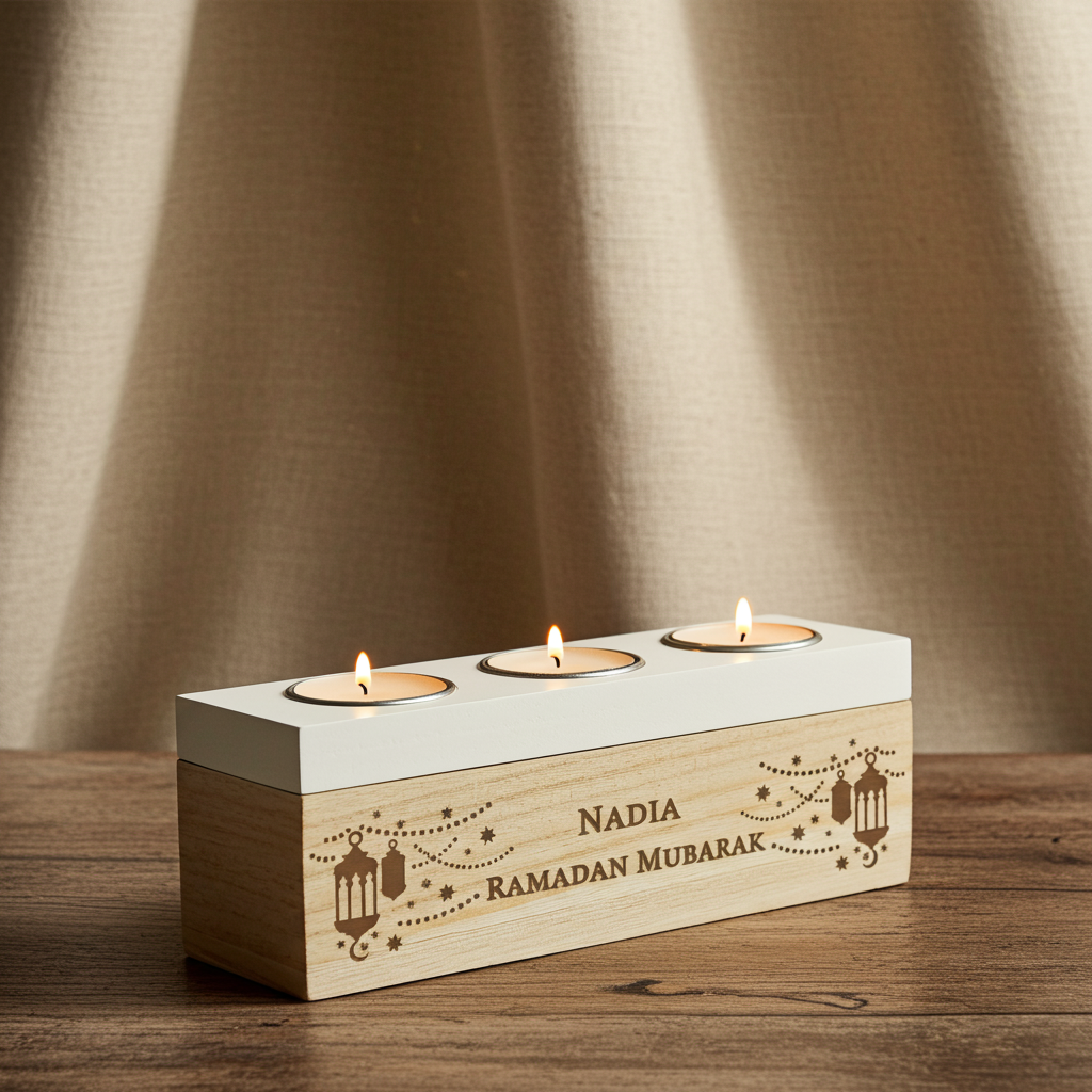 Personalised Triple Tealight Holder | Ramadan & Eid Gift - Artfully Curated Creations and identify whats in the image