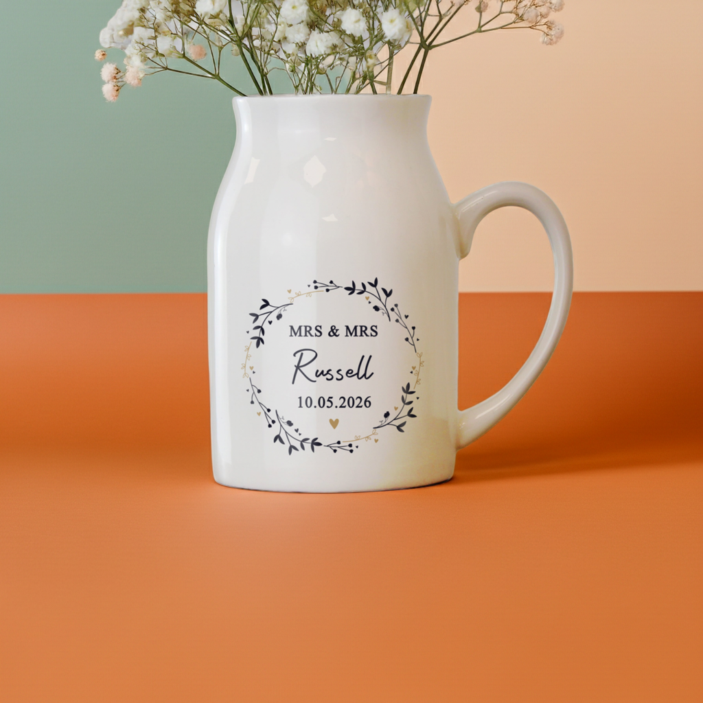 Personalised Floral Wreath Jug Vase | A Stylish Decorative Keepsake for Any Home - Artfully Curated Creations and identify whats in the image