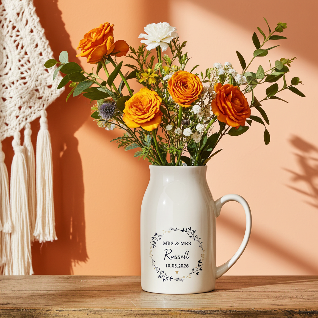 Personalised Floral Wreath Jug Vase | A Stylish Decorative Keepsake for Any Home - Artfully Curated Creations and identify whats in the image