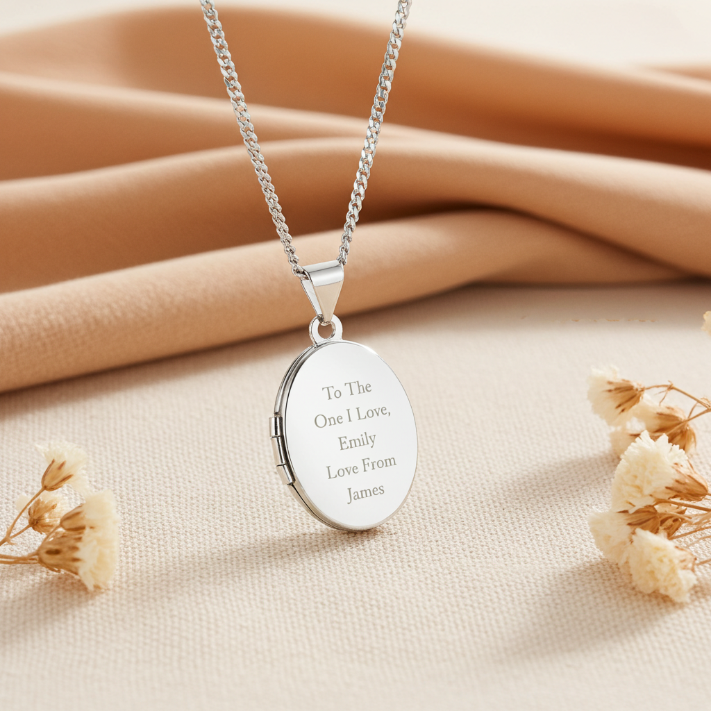 Personalised Sterling Silver Oval Locket | Engraved 5‑Line Message & Photo Keepsake Gift Box - Artfully Curated Creations and identify whats in the image