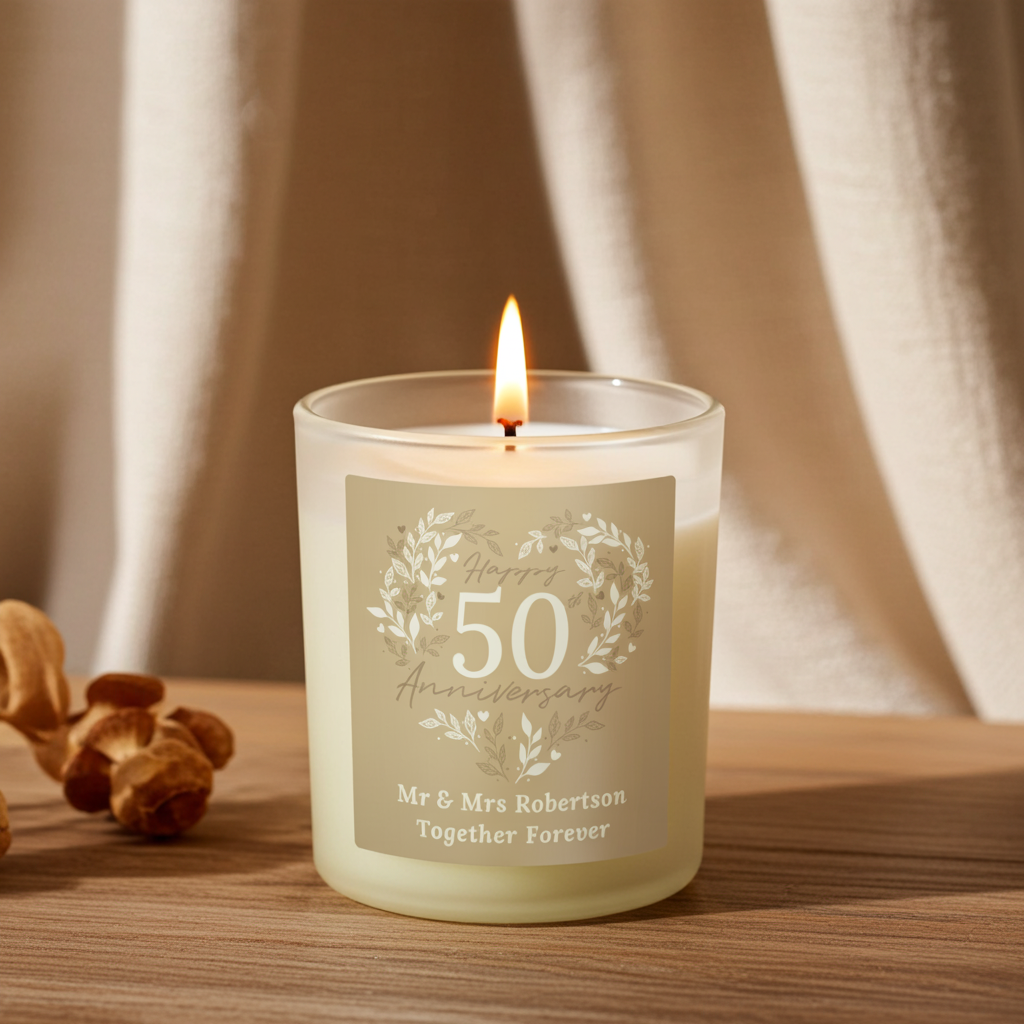 Personalised 50th Anniversary Vanilla Candle Jar | Golden Anniversary Keepsake - Artfully Curated Creations and identify whats in the image