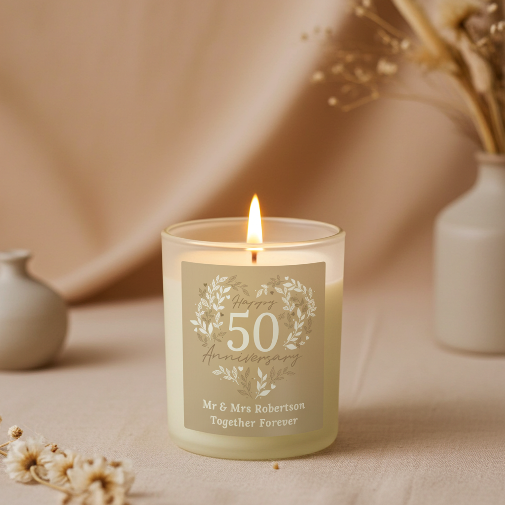 Personalised 50th Anniversary Vanilla Candle Jar | Golden Anniversary Keepsake - Artfully Curated Creations and identify whats in the image
