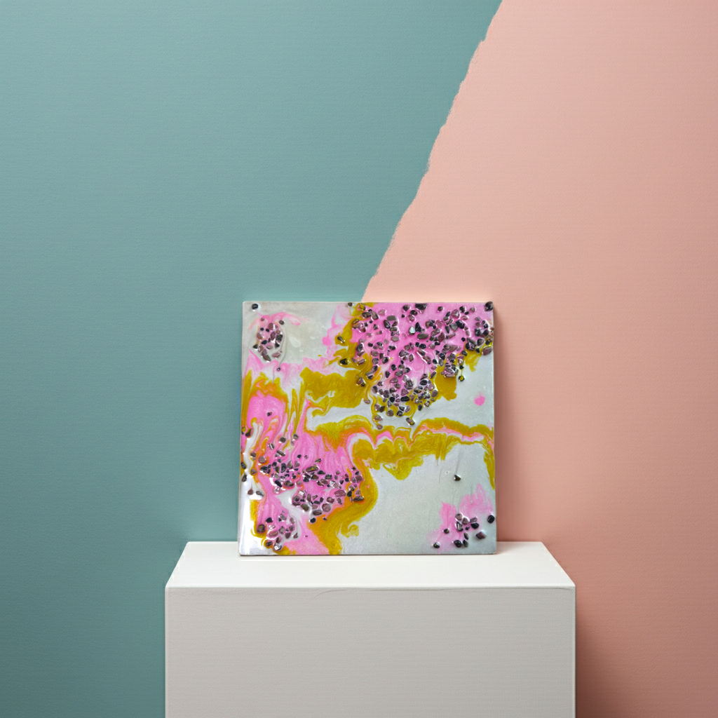 “Blush & Bloom” | Pink Gold & Pearl Resin Art with Rhodonite Gemstones | Imperfectly Perfect Handmade Wooden Canvas - Artfully Curated Creations and identify whats in the image