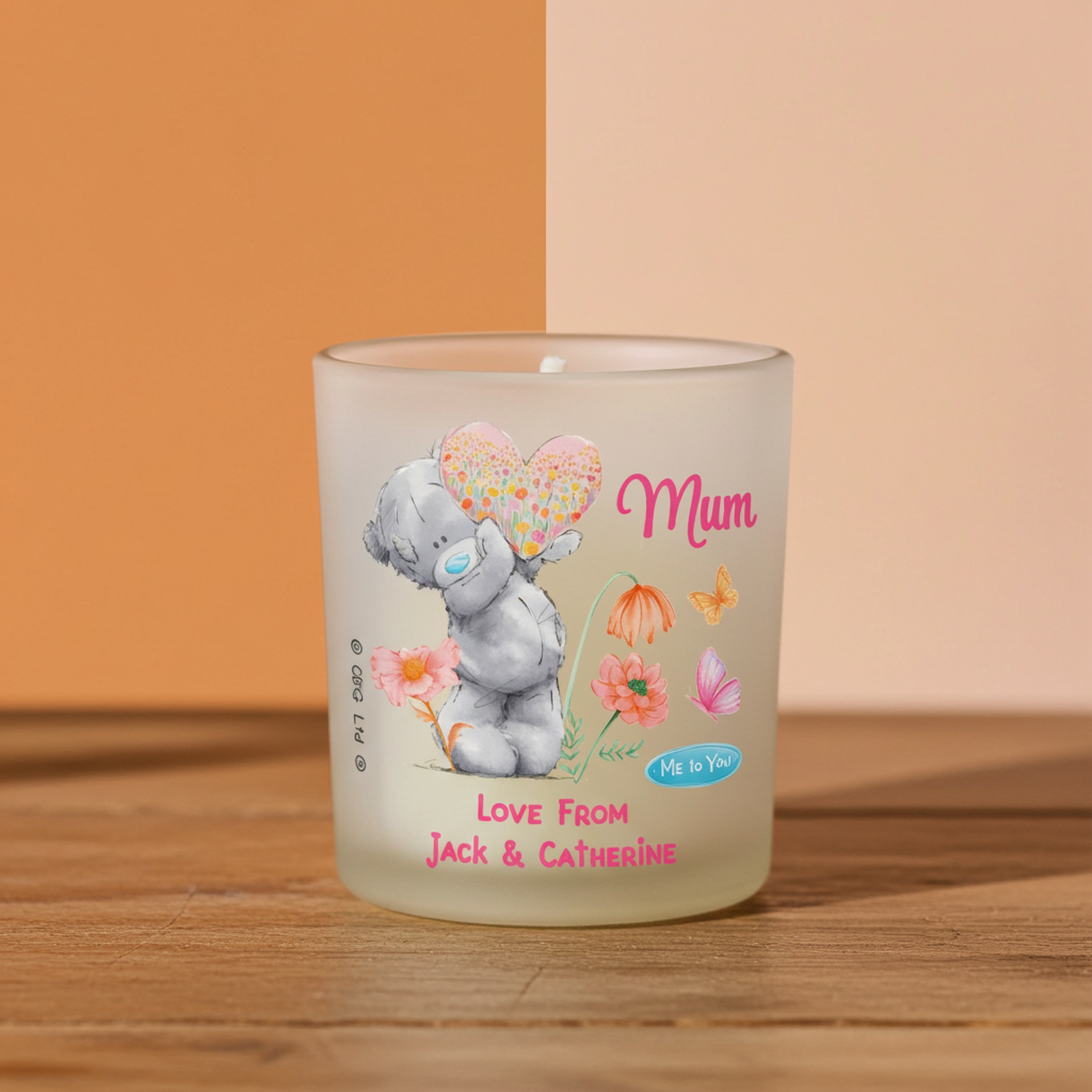 Personalised Me to You Candle Jar | Tatty Teddy Floral Design - Artfully Curated Creations and identify whats in the image