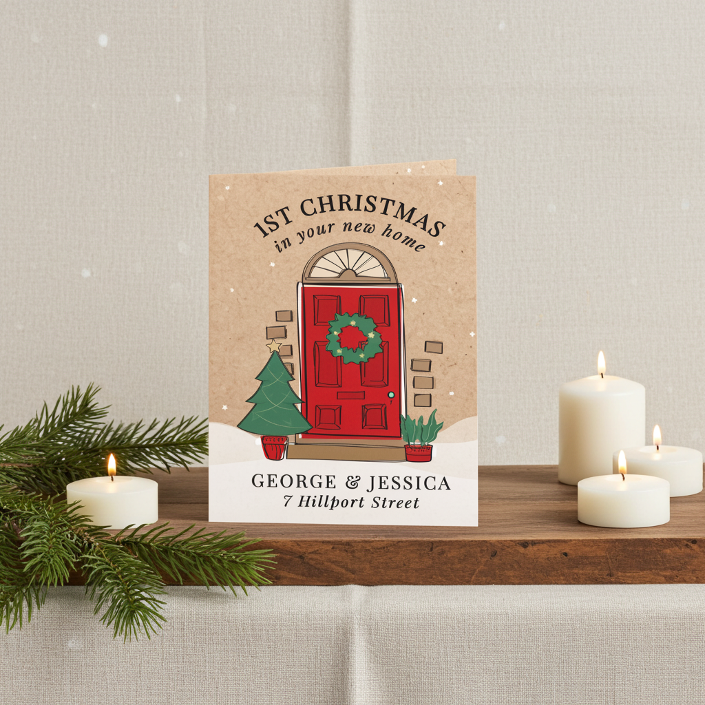 Personalised 1st Christmas in Your New Home Card | A Beautiful Way to Celebrate a Special Milestone - Artfully Curated Creations and identify whats in the image
