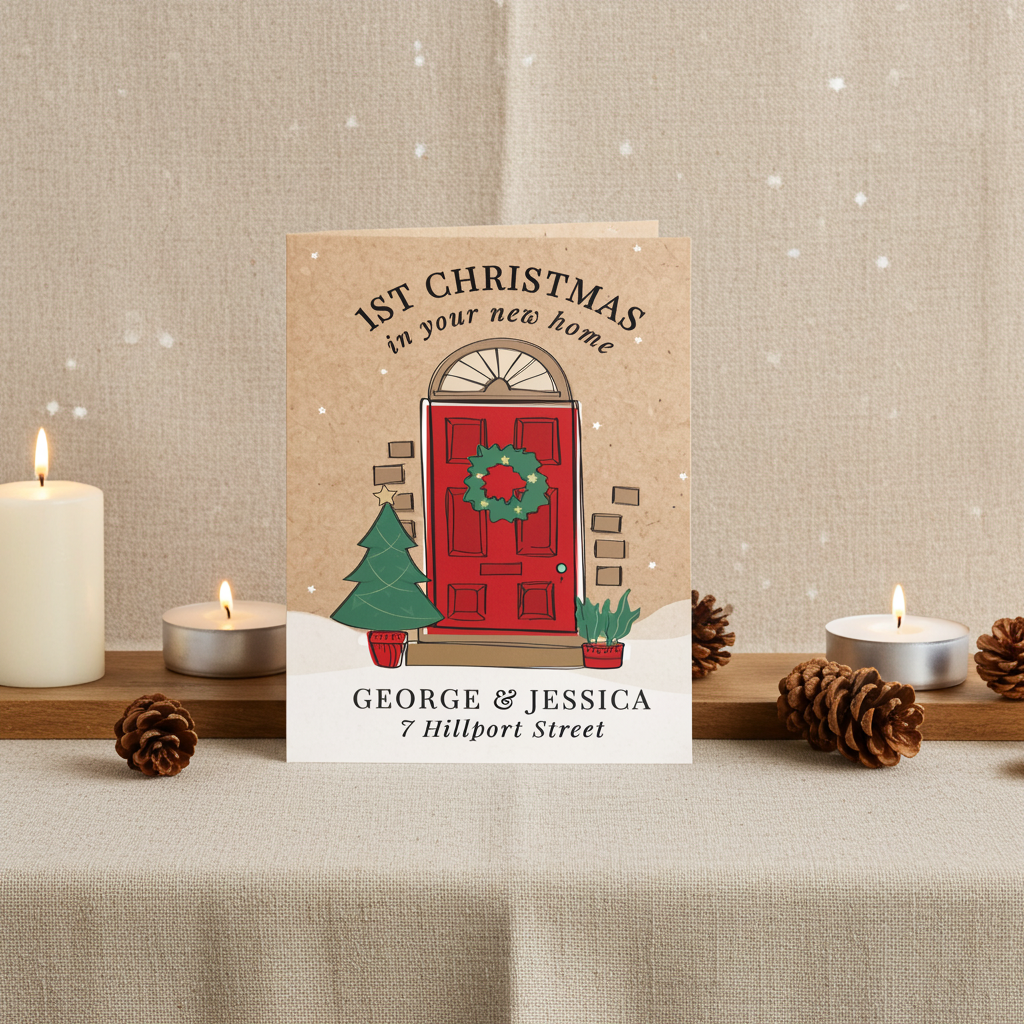 Personalised 1st Christmas in Your New Home Card | A Beautiful Way to Celebrate a Special Milestone - Artfully Curated Creations and identify whats in the image