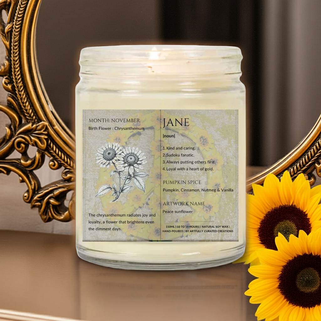 The Definition of you birth flower customisable scented artwork candle transparent jar with lid | Handmade | A personal gift - Artfully Curated Creations and identify whats in the image