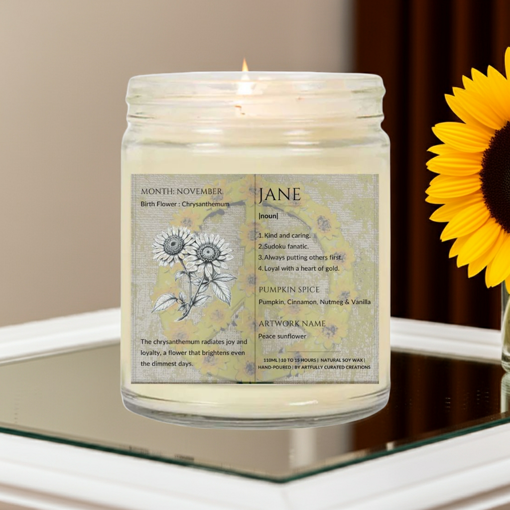 The Definition of you birth flower customisable scented artwork candle transparent jar with lid | Handmade | A personal gift - Artfully Curated Creations and identify whats in the image