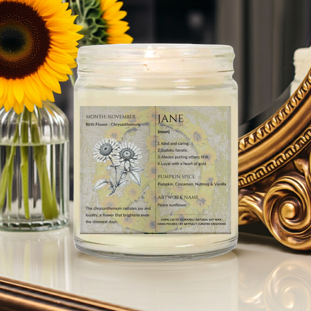 The Definition of you birth flower customisable scented artwork candle transparent jar with lid | Handmade | A personal gift - Artfully Curated Creations and identify whats in the image
