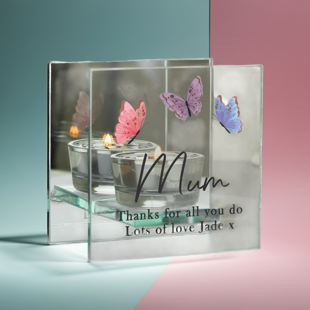 Personalised Butterfly Glass Tea Light Holder | Custom Message Gift for Mother’s Day & Birthdays - Artfully Curated Creations and identify whats in the image
