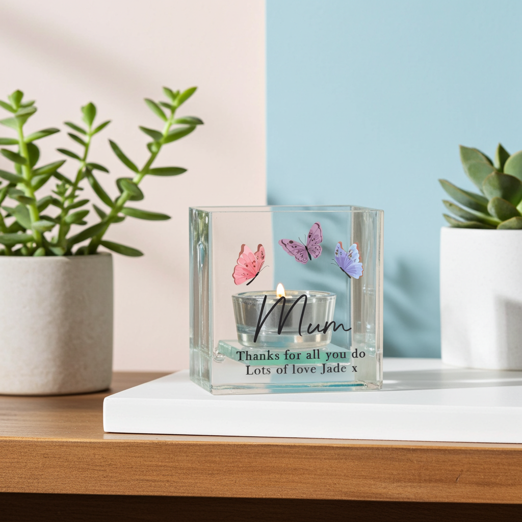 Personalised Butterfly Glass Tea Light Holder | Custom Message Gift for Mother’s Day & Birthdays - Artfully Curated Creations and identify whats in the image