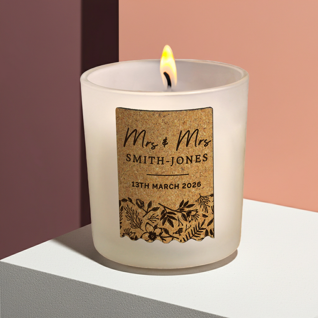 Personalised Wedding Cork Label Vanilla Candle |  Custom Keepsake Gift for Newlyweds - Artfully Curated Creations and identify whats in the image