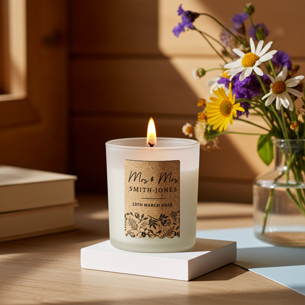 Personalised Wedding Cork Label Vanilla Candle |  Custom Keepsake Gift for Newlyweds - Artfully Curated Creations and identify whats in the image
