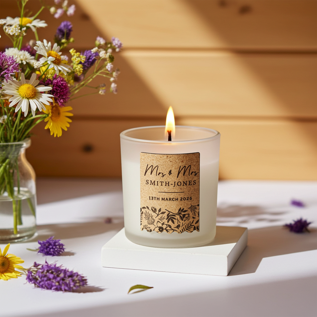 Personalised Wedding Cork Label Vanilla Candle |  Custom Keepsake Gift for Newlyweds - Artfully Curated Creations and identify whats in the image