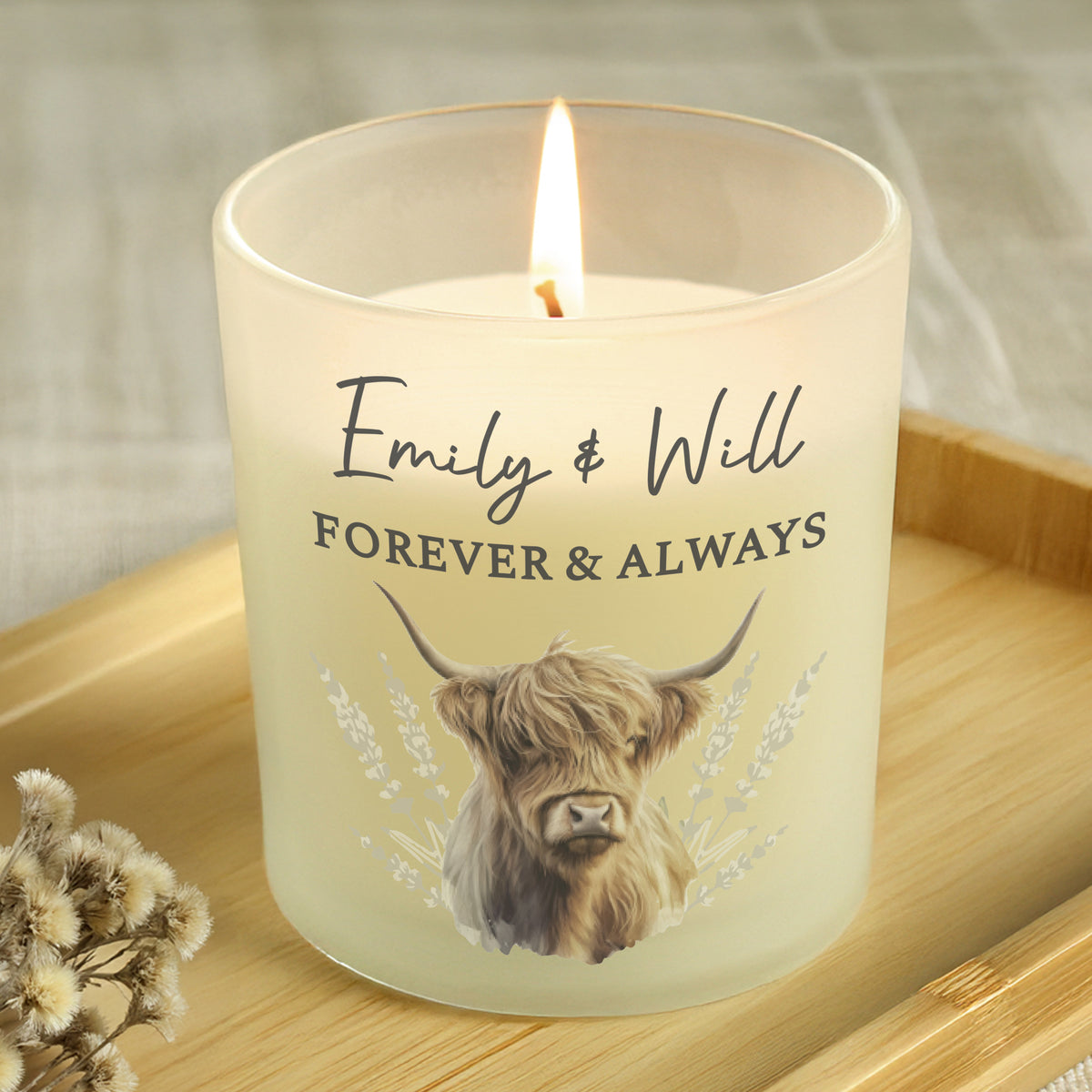 Personalised Highland Cow Vanilla Frosted Candle Jar | Custom Message Gift - Artfully Curated Creations and identify whats in the image
