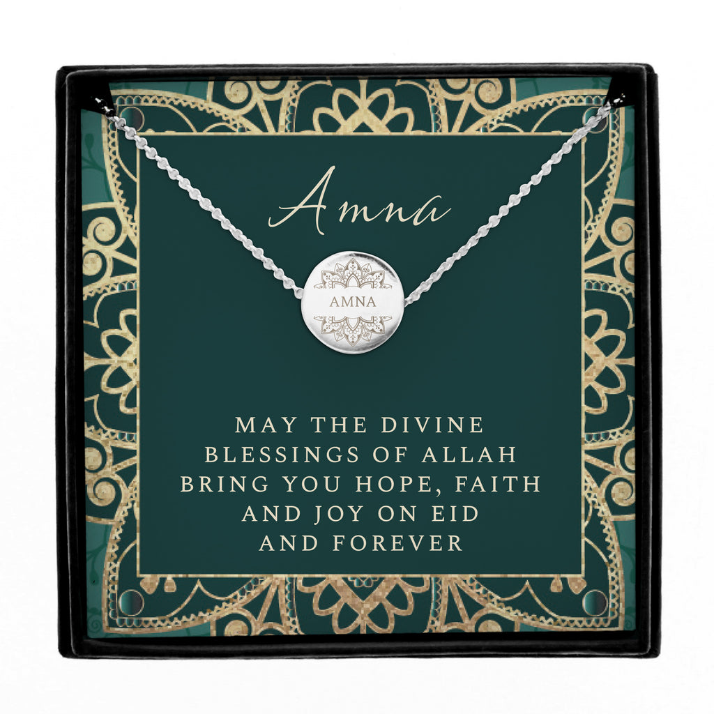 Personalised Eid Silver Disc Necklace | Engraved Pendant & Sentiment Card Gift Box