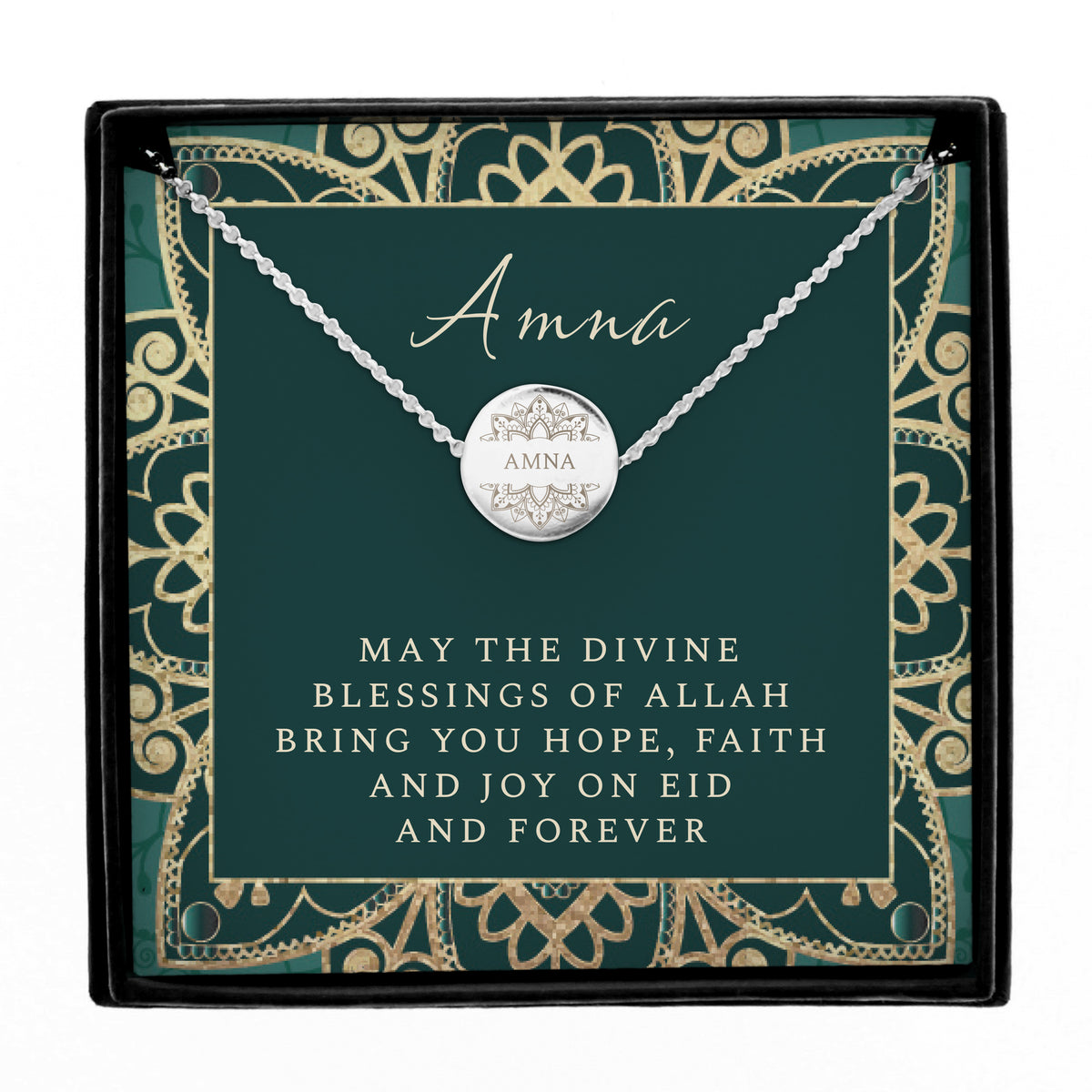 Personalised Eid Silver Disc Necklace | Engraved Pendant & Sentiment Card Gift Box - Artfully Curated Creations and identify whats in the image