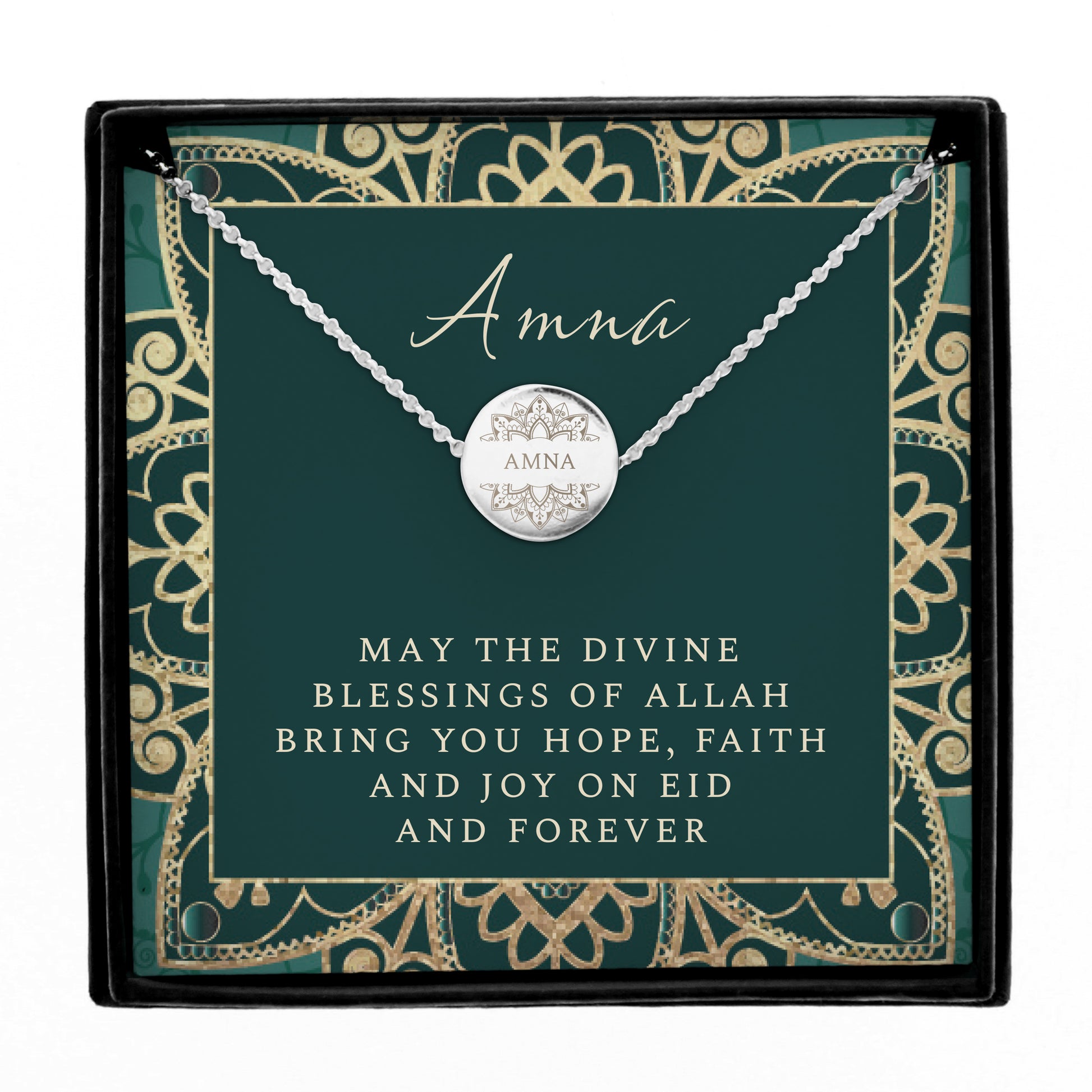 Personalised Eid Silver Disc Necklace | Engraved Pendant & Sentiment Card Gift Box - Artfully Curated Creations and identify whats in the image