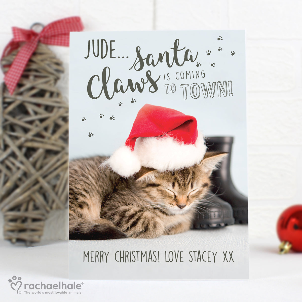 Personalised Rachael Hale “Santa Claws” Christmas Cat Card | The Purrfect Festive Surprise - Artfully Curated Creations and identify whats in the image