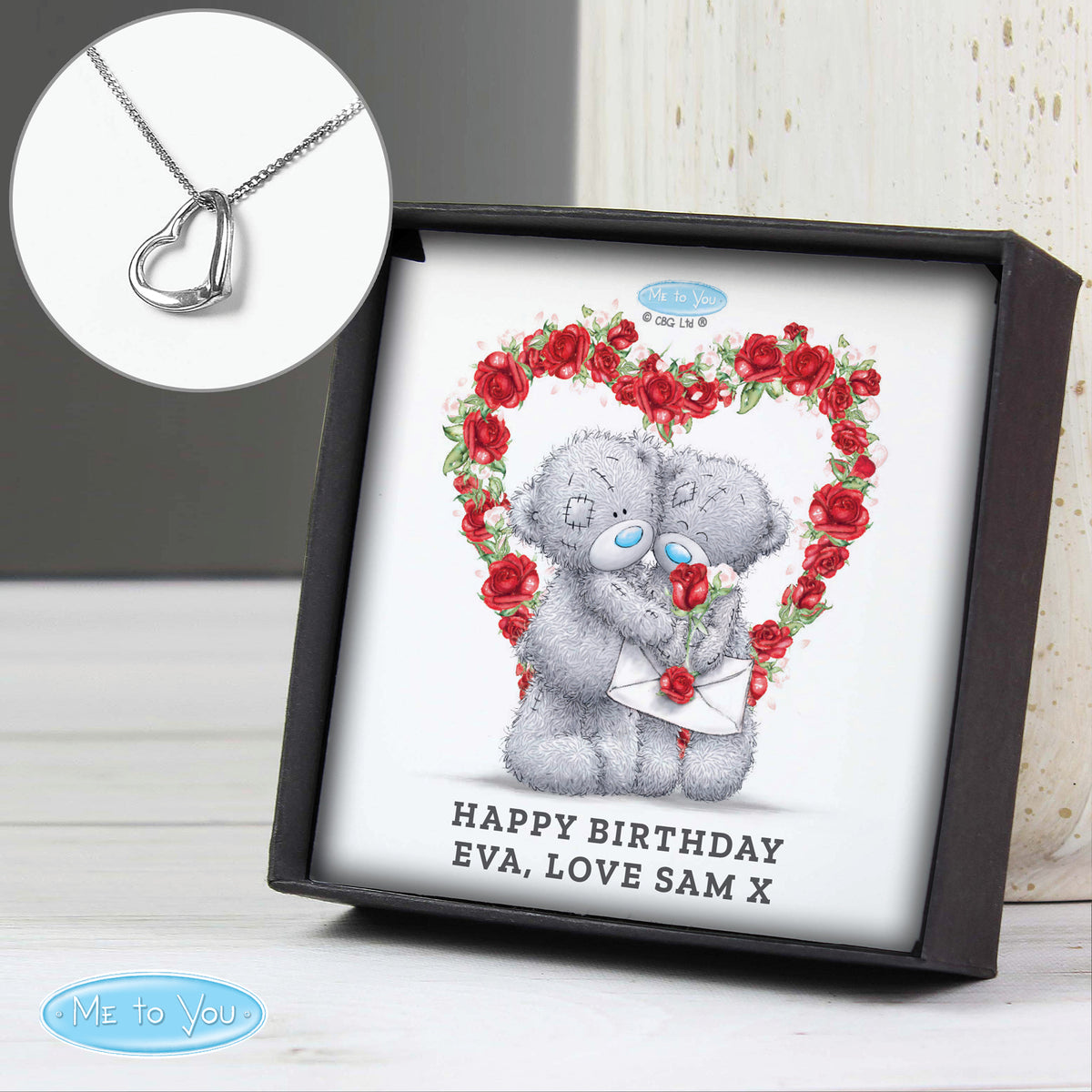 Personalised Me To You Valentine Heart Necklace | Engraved Sentiment Card & Gift Box - Artfully Curated Creations and identify whats in the image