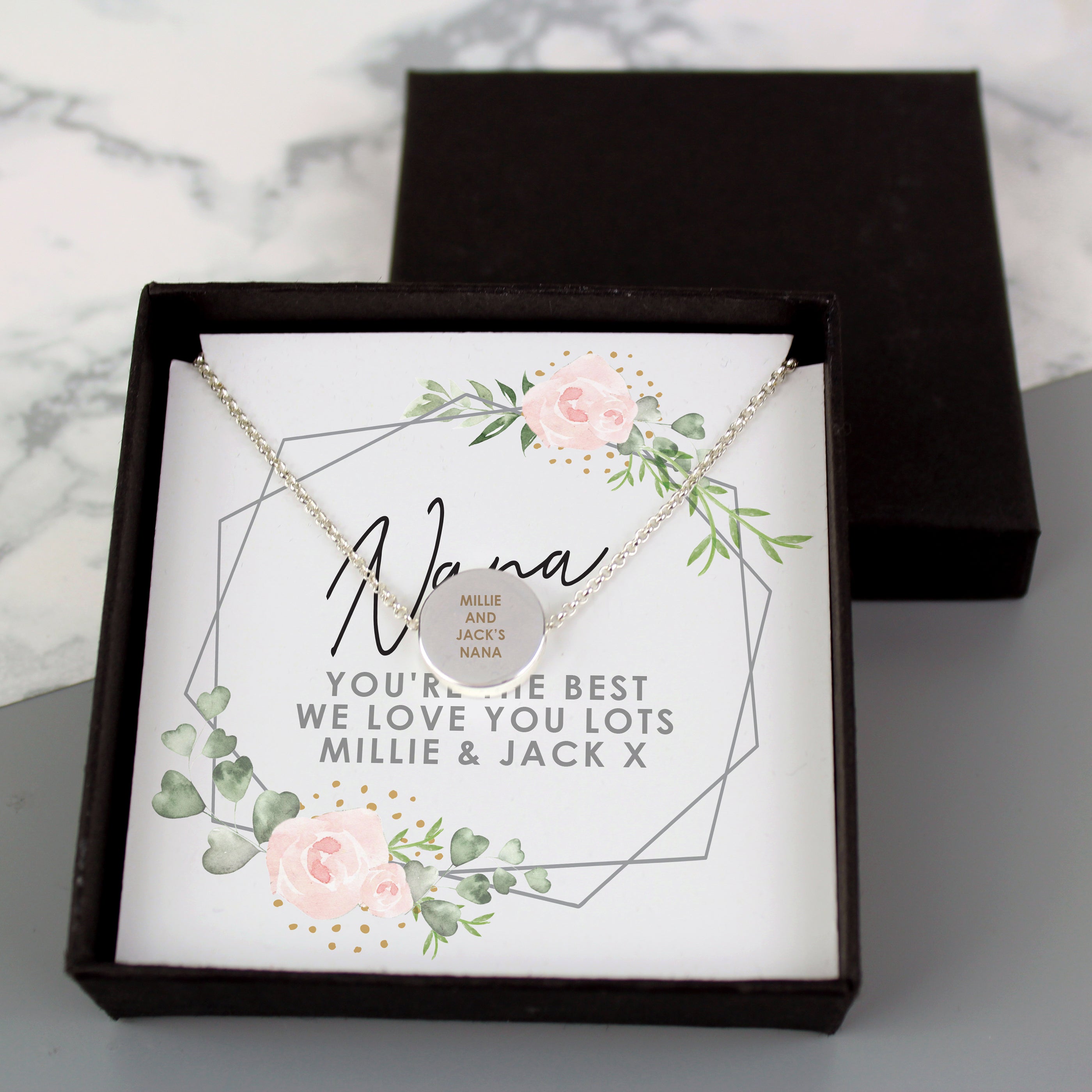Personalised Abstract Silver Tone Necklace | Engraved Pendant & Sentiment Card Gift Box