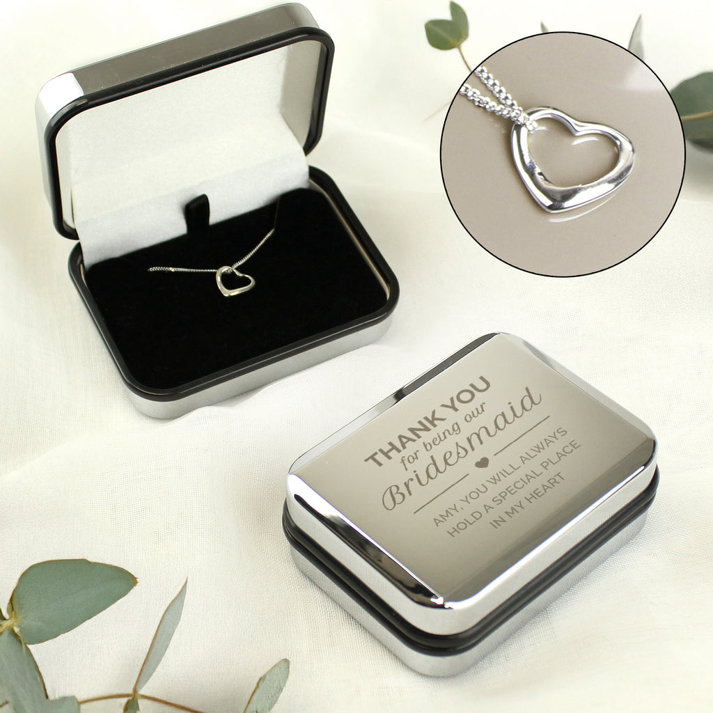 Personalised Bridesmaid Heart Necklace | Engraved Chrome Gift Box