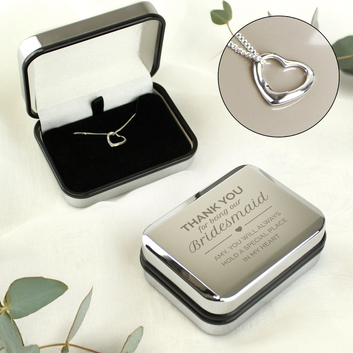Personalised Bridesmaid Heart Necklace | Engraved Chrome Gift Box - Artfully Curated Creations and identify whats in the image