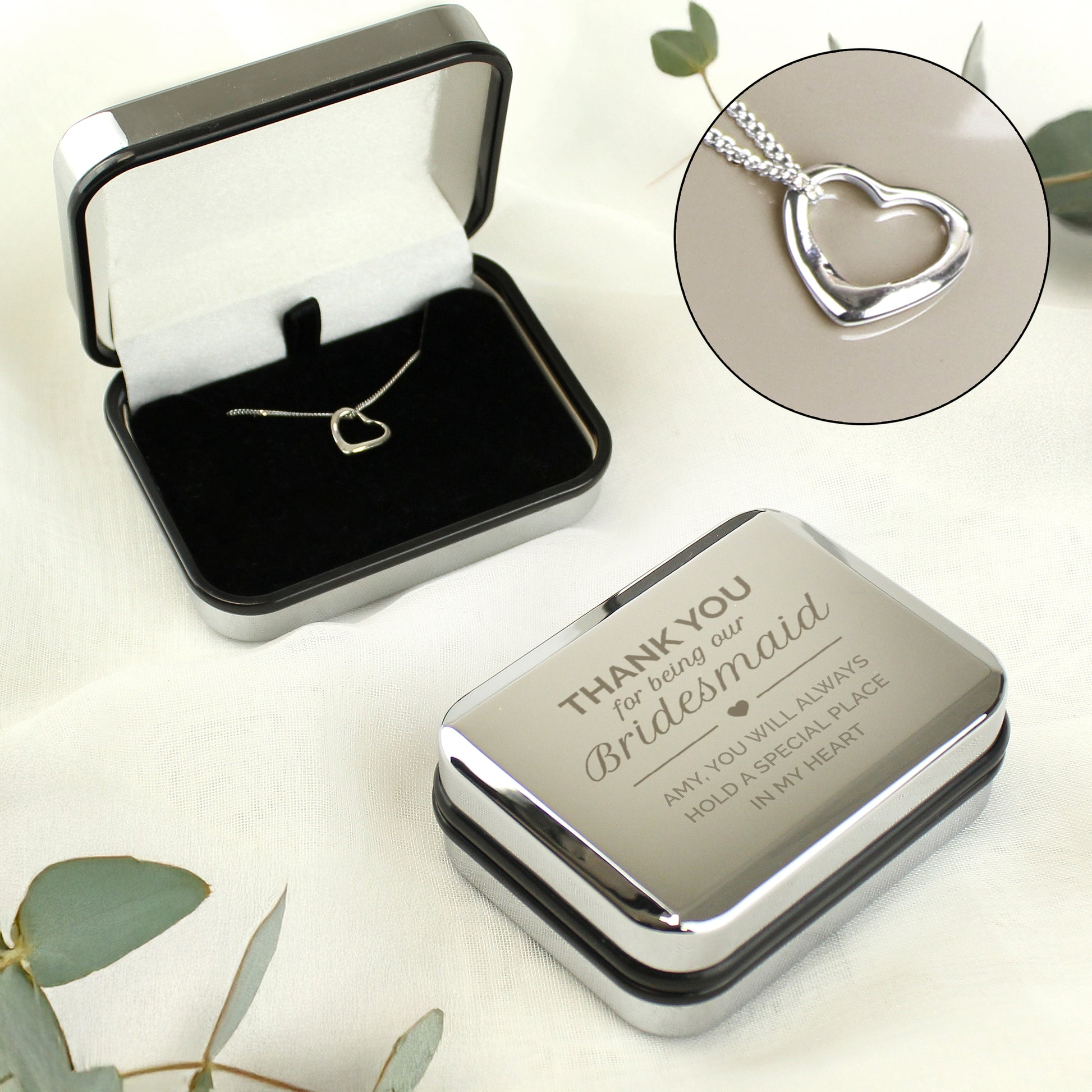 Personalised Bridesmaid Heart Necklace | Engraved Chrome Gift Box - Artfully Curated Creations and identify whats in the image
