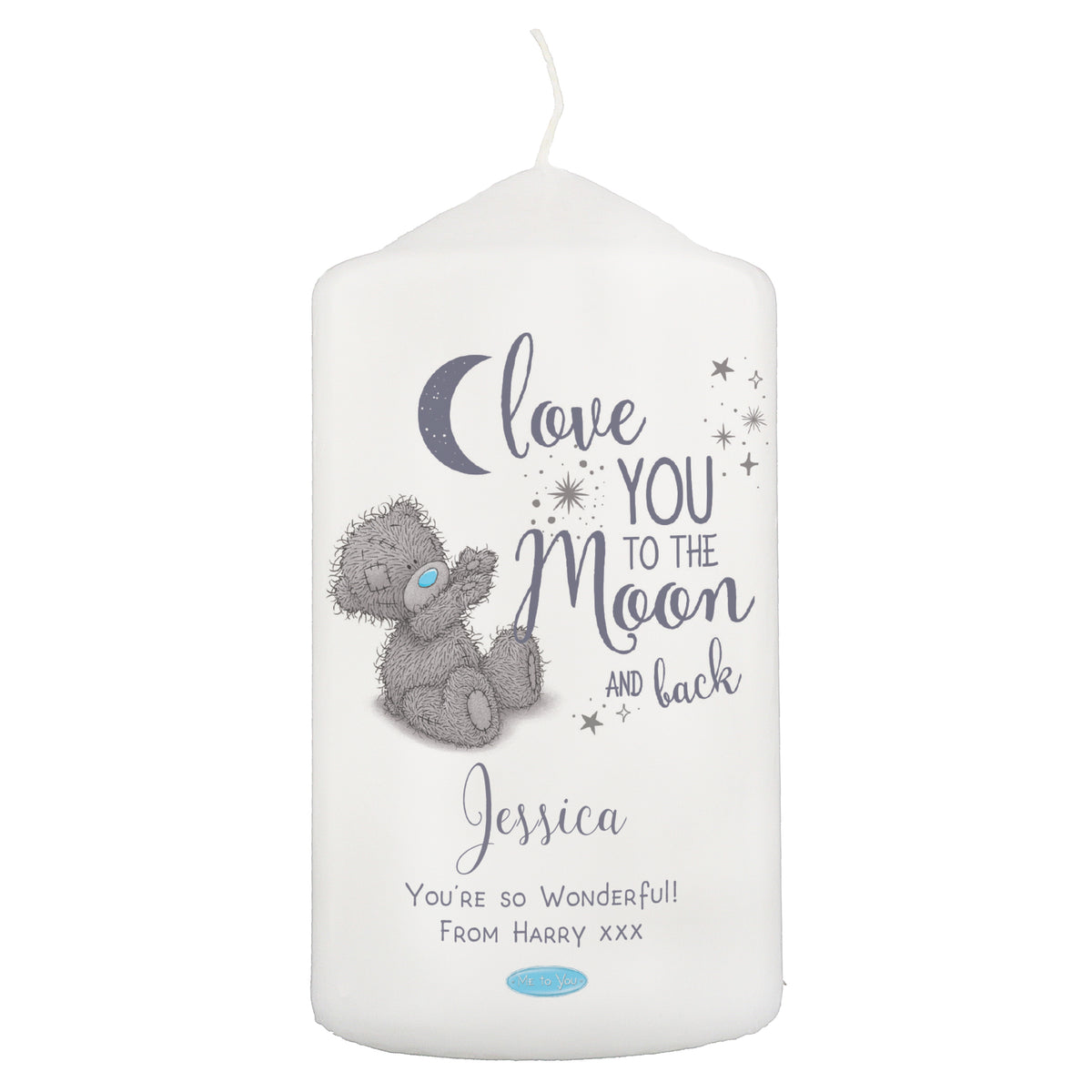 Me to You ‘Love You to the Moon and Back’ Personalised Pillar Candle - Artfully Curated Creations and identify whats in the image