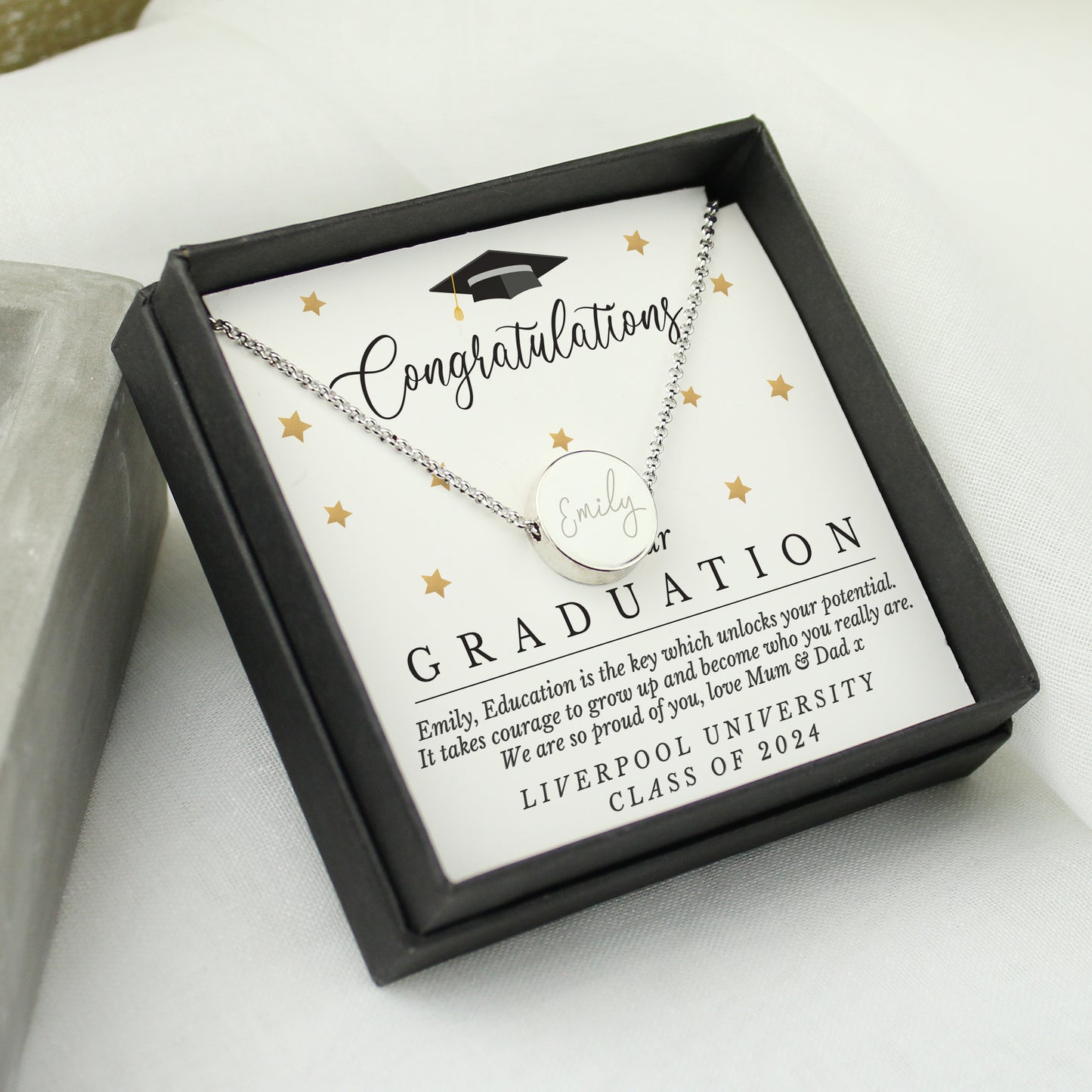 Personalised Graduation Necklace | Engraved Sentiment Card & Gift Box Keepsake - Artfully Curated Creations and identify whats in the image