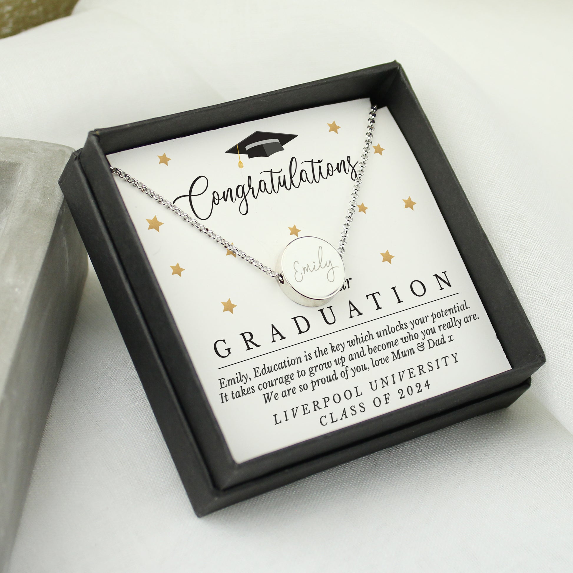 Personalised Graduation Necklace | Engraved Sentiment Card & Gift Box Keepsake - Artfully Curated Creations and identify whats in the image