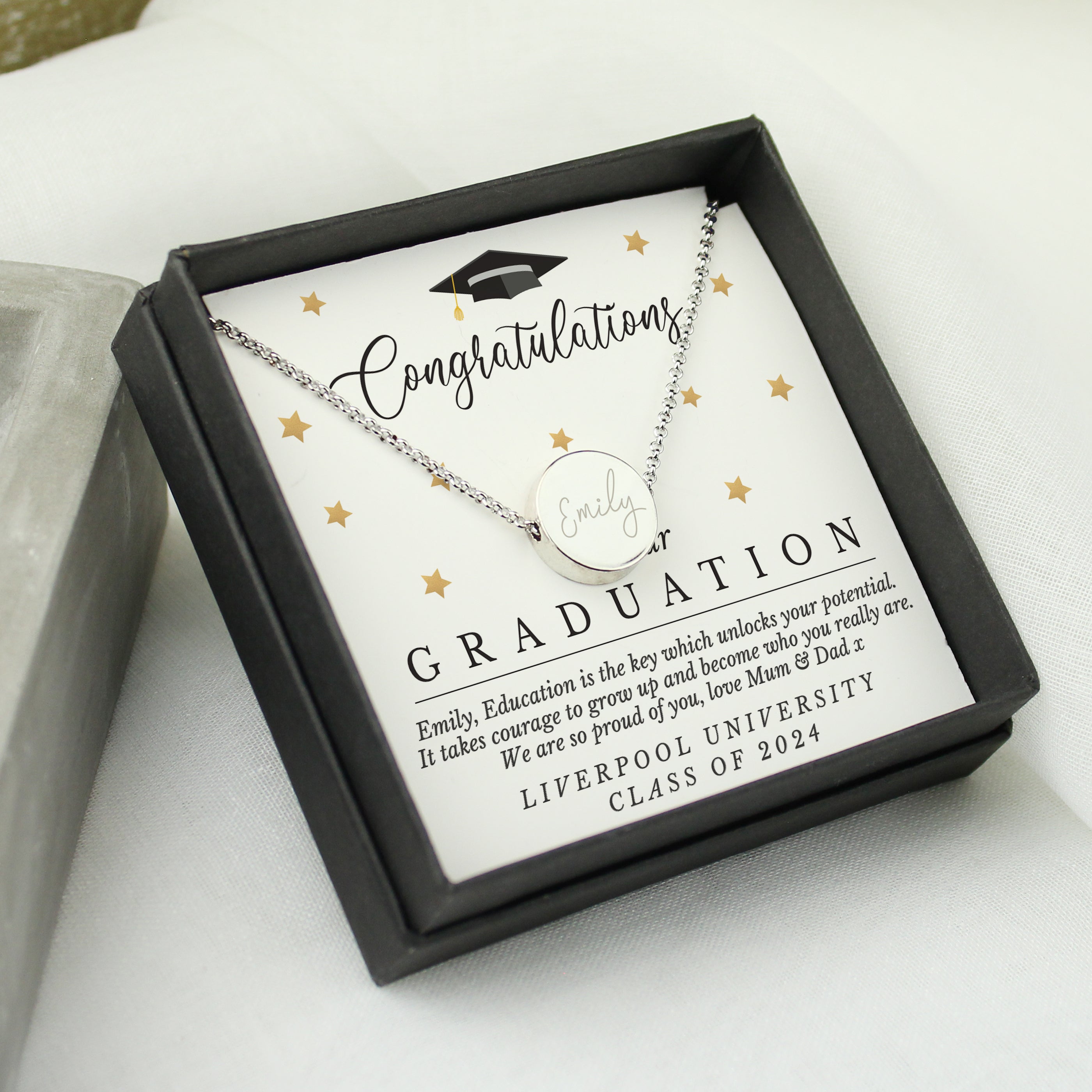Personalised Graduation Necklace | Engraved Sentiment Card & Gift Box Keepsake