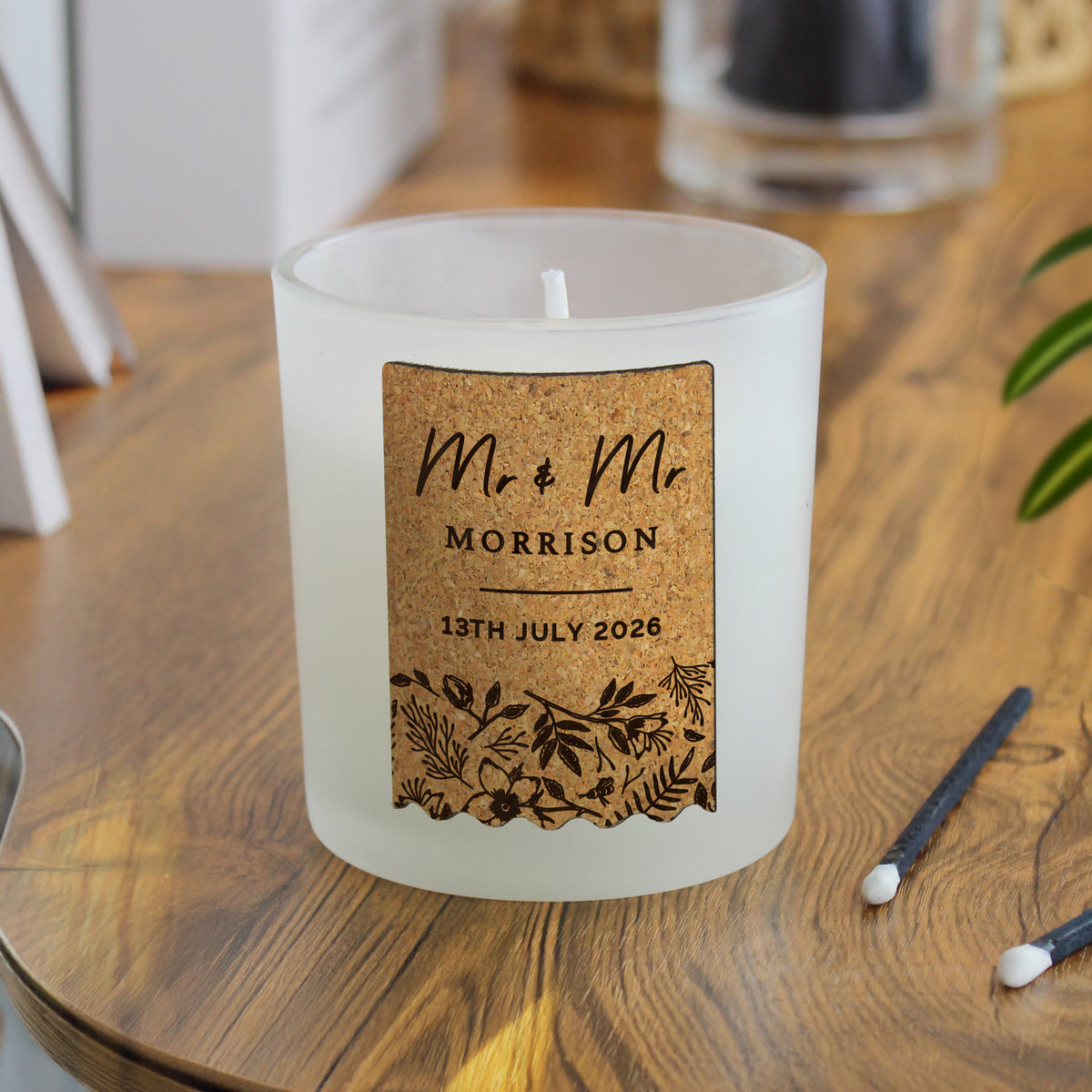 Personalised Wedding Cork Label Vanilla Candle |  Custom Keepsake Gift for Newlyweds - Artfully Curated Creations and identify whats in the image