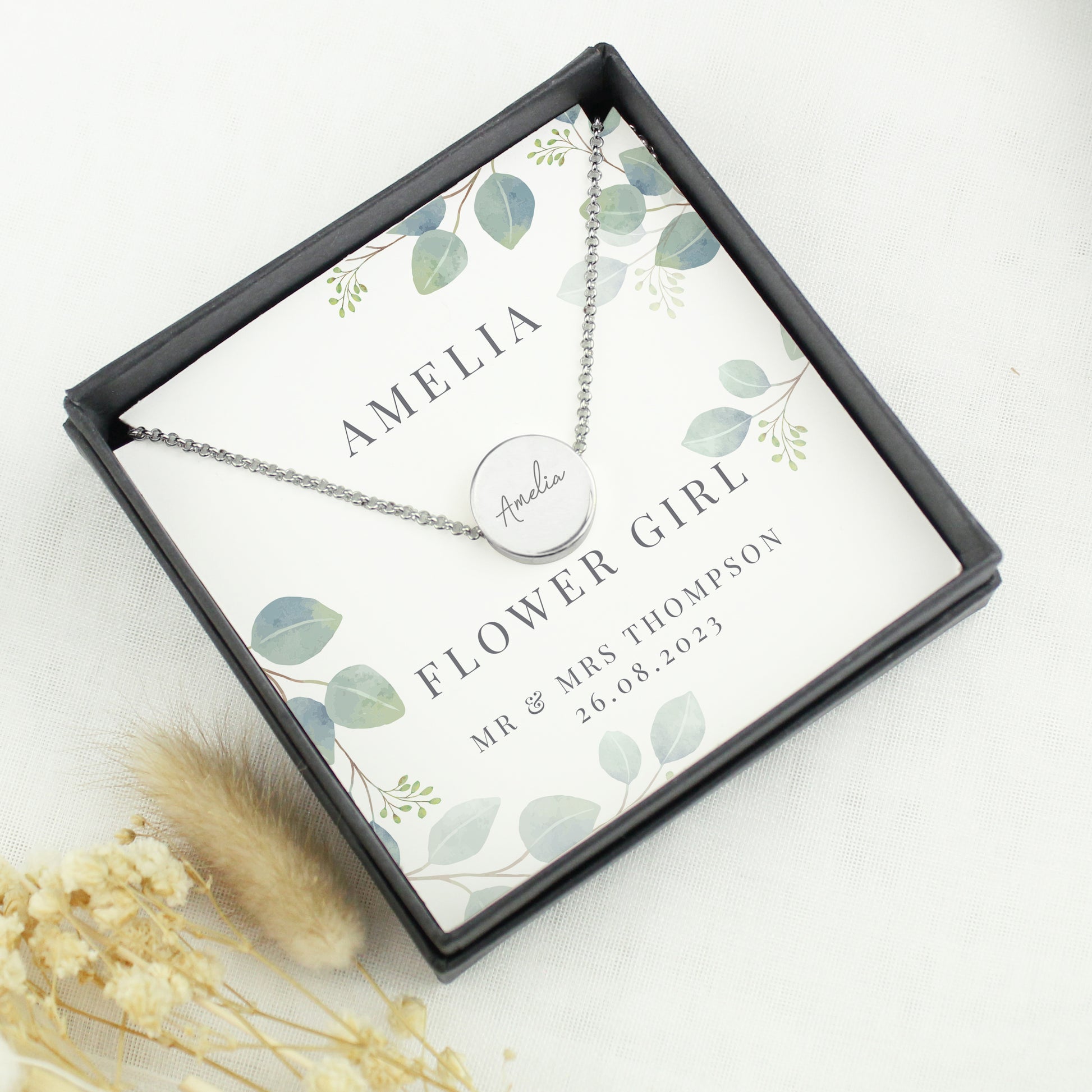 Personalised Disc Necklace|  Engraved Gift Box for Bridesmaids, Weddings & Special Occasions - Artfully Curated Creations and identify whats in the image