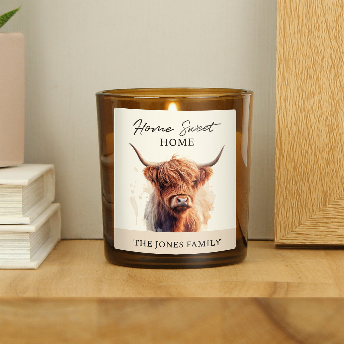 Personalised Highland Cow Amber Glass Vanilla Candle Jar | Custom Message Gift for Any Occasion - Artfully Curated Creations and identify whats in the image