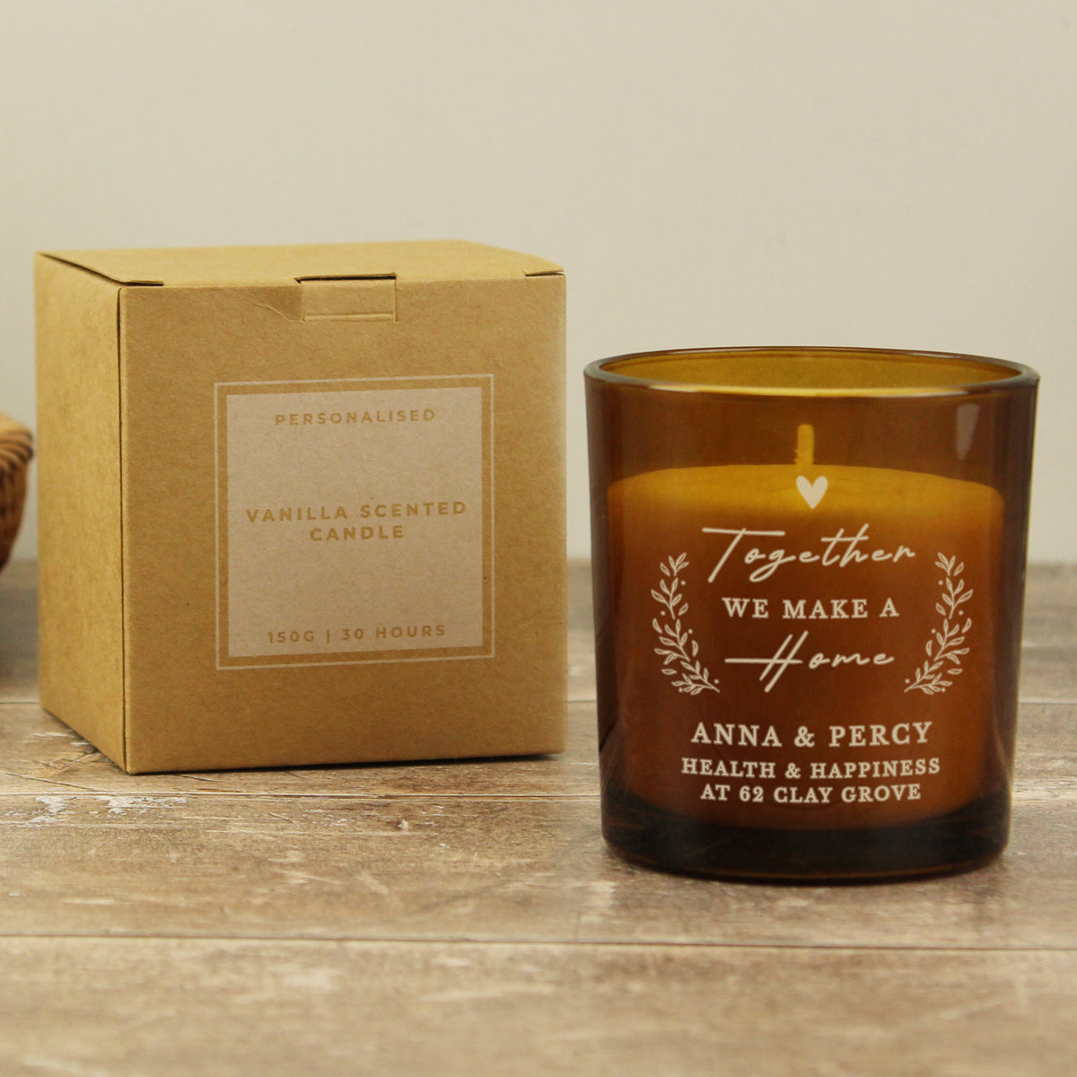 Personalised “Together We Make a Home” Amber Glass Candle Jar | Custom Housewarming Gift - Artfully Curated Creations and identify whats in the image
