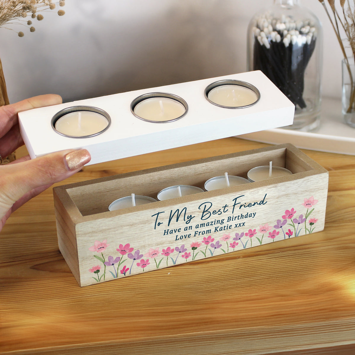 Personalised Shabby Chic Floral Tea Light Box | Custom Message Wooden Gift - Artfully Curated Creations and identify whats in the image