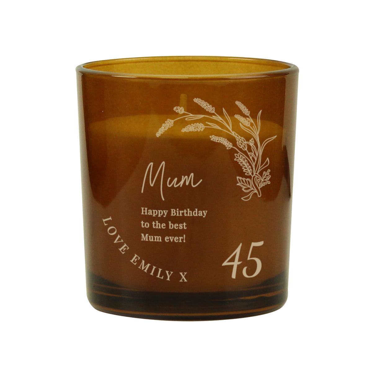 Personalised Amber Glass Vanilla Candle Jar | Birthday Keepsake Gift - Artfully Curated Creations and identify whats in the image