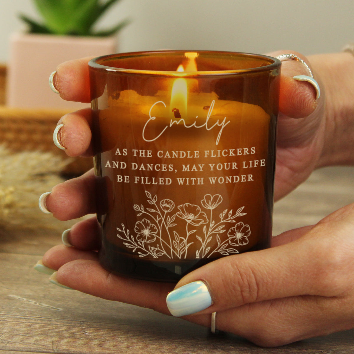 Personalised Floral Amber Glass Vanilla Candle Jar | Custom Message Gift for Any Occasion - Artfully Curated Creations and identify whats in the image