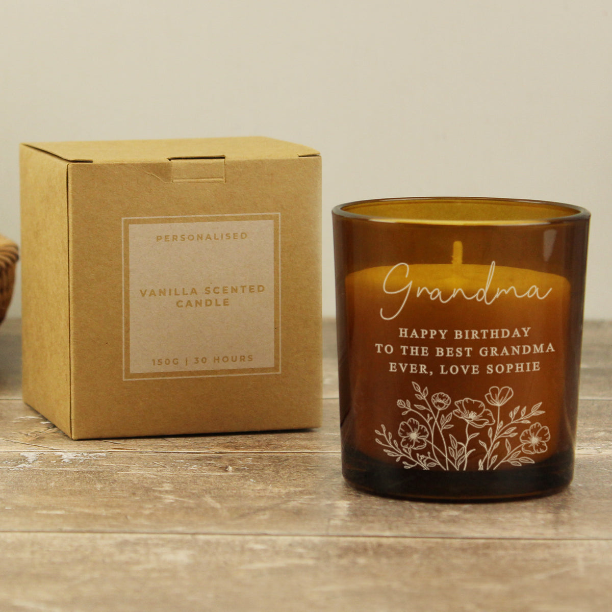 Personalised Floral Amber Glass Vanilla Candle Jar | Custom Message Gift for Any Occasion - Artfully Curated Creations and identify whats in the image