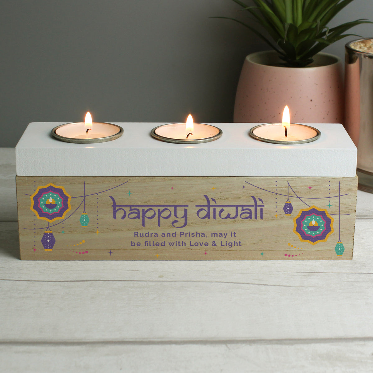 Personalised Triple Tealight Holder – Diwali Gift - Artfully Curated Creations and identify whats in the image