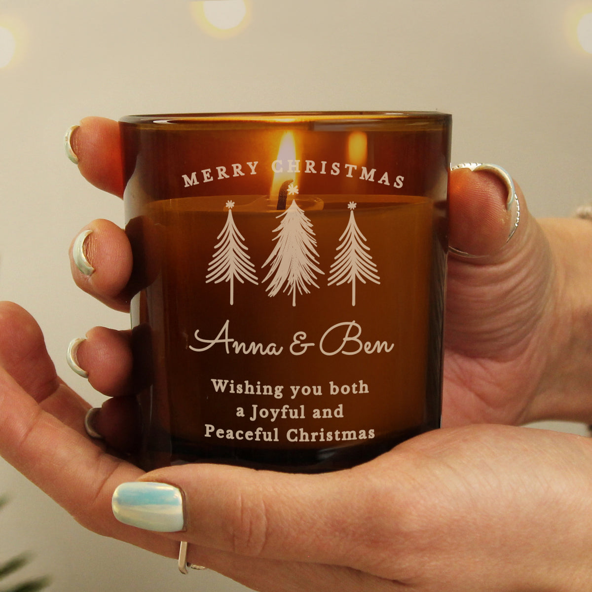 Personalised Amber Glass Vanilla Candle Jar | Custom Festive Keepsake Gift - Artfully Curated Creations and identify whats in the image