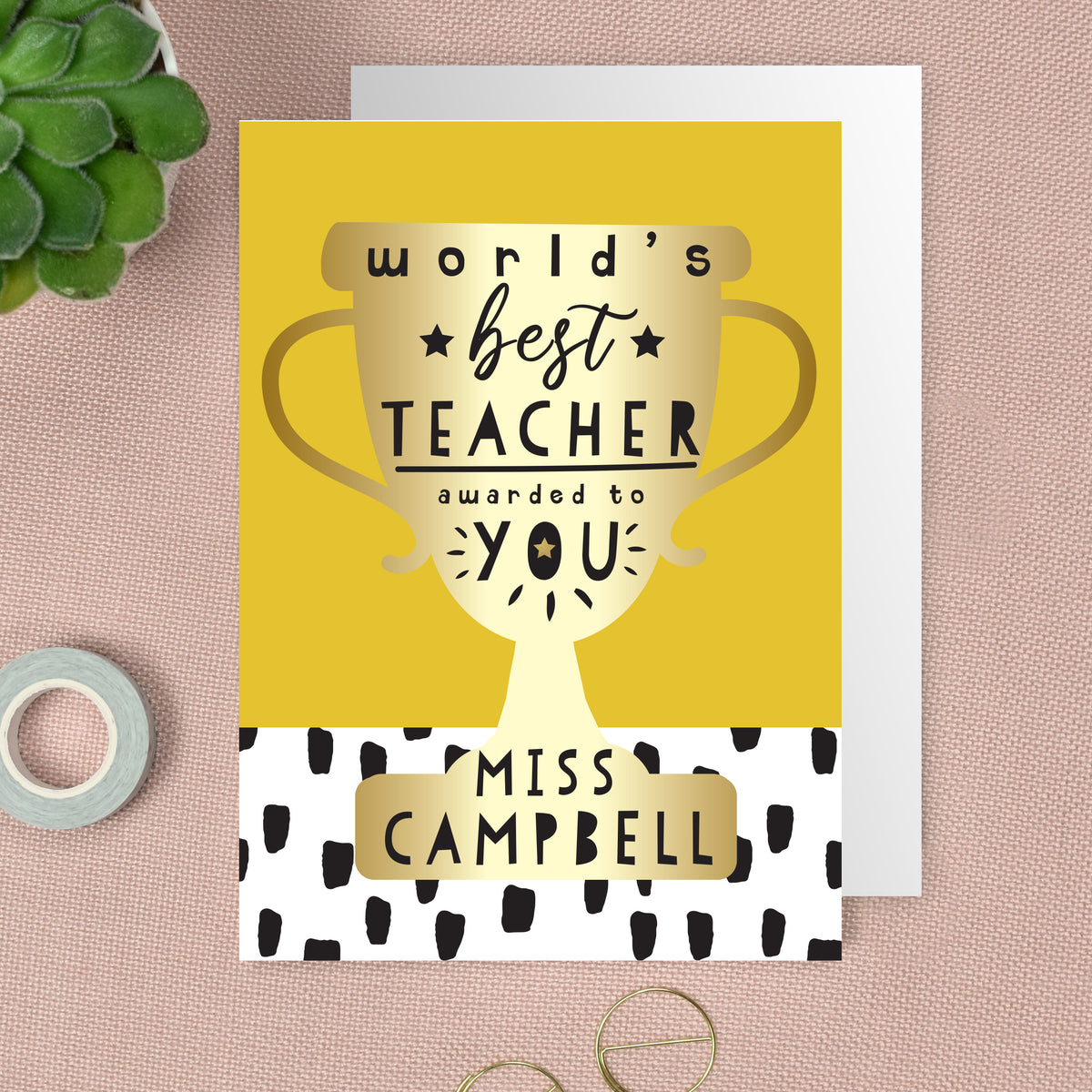 Personalised ‘World’s Best Teacher’ Greeting Card | A Thoughtful Way to Say Thank You - Artfully Curated Creations and identify whats in the image