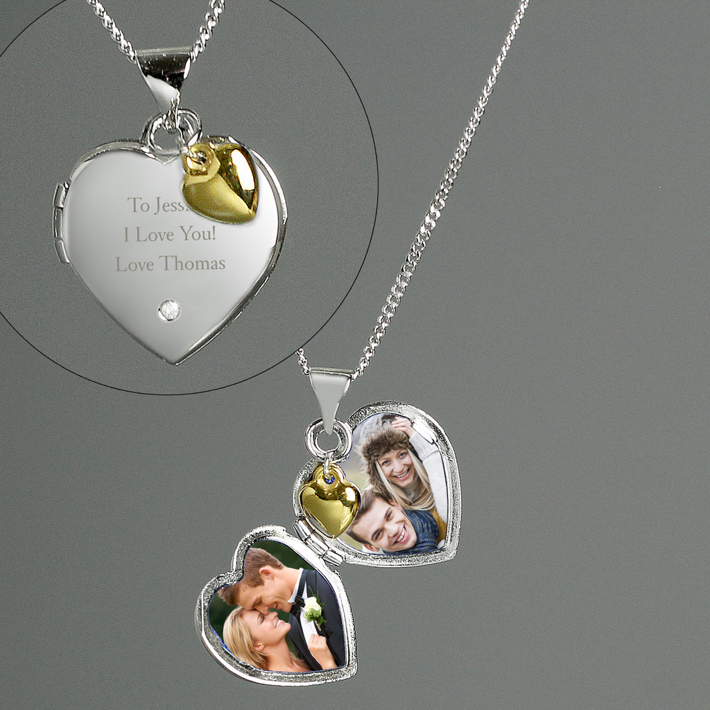 Personalised Sterling Silver & Gold Plated Diamond Heart Locket | Engraved Name & Photo Keepsake Necklace