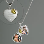 Personalised Sterling Silver & Gold Plated Diamond Heart Locket | Engraved Name & Photo Keepsake Necklace