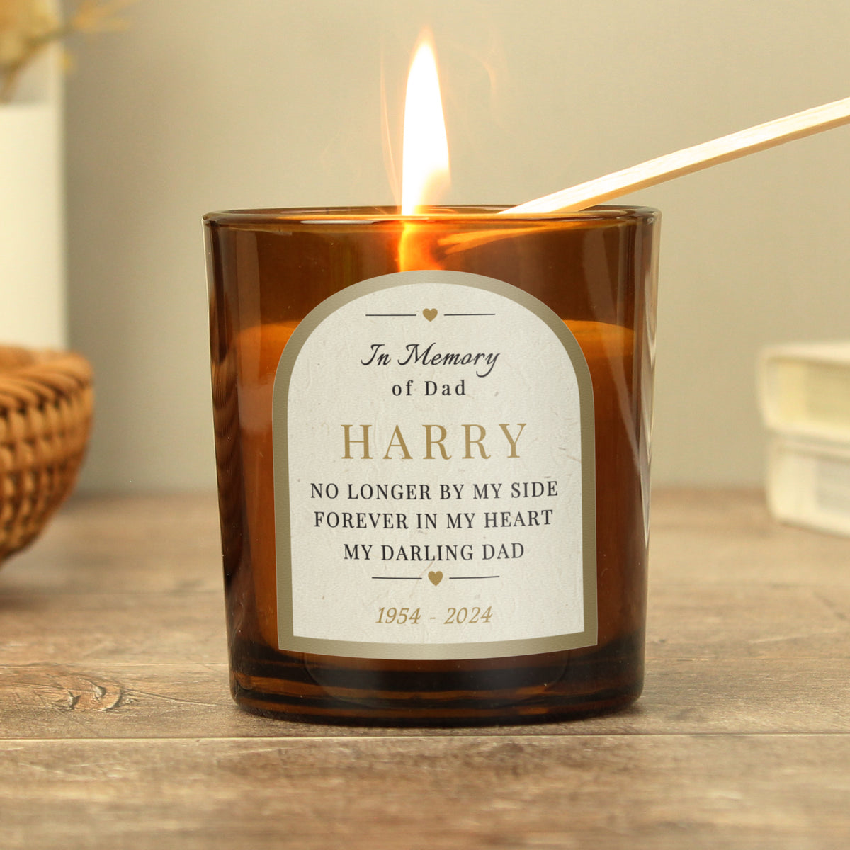 Personalised In Loving Memory Amber Glass Candle | A Comforting Memorial Keepsake - Artfully Curated Creations and identify whats in the image